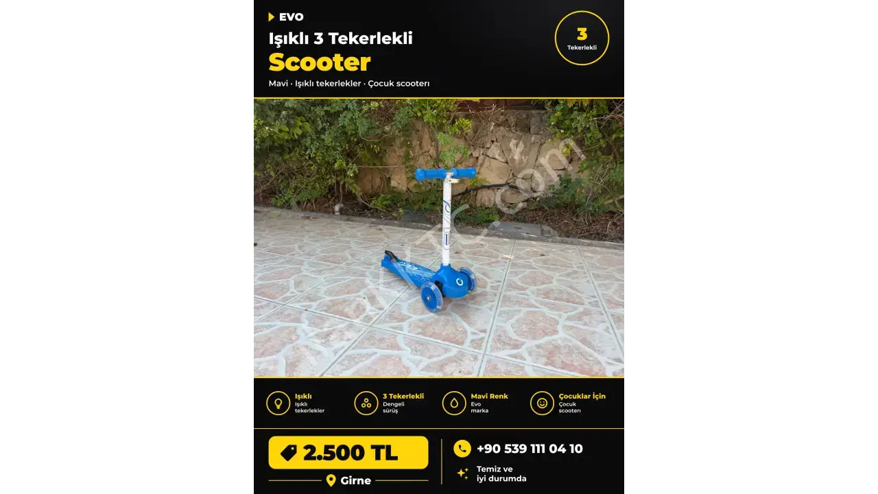 EVO Işıklı 3 Tekerlekli Scooter Mavi